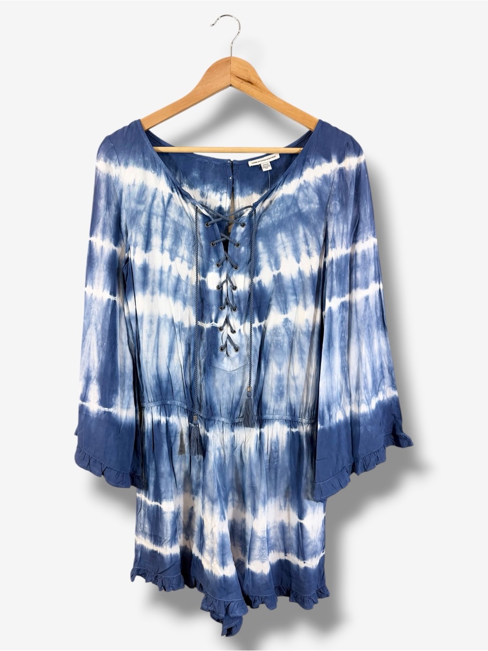 American Eagle Blue Tie Dye Romper Size M Long Bell Sleeve Ruffle Boho Festival
